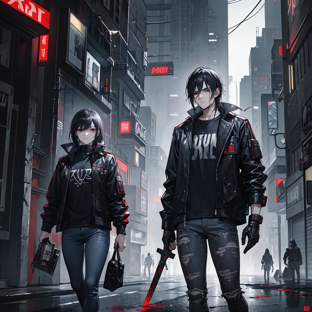 A man with black hair and black eyes covered in blood in the cyberpunk universe is wearing a jacket, distressed gray jeans, there is a sword in his hand, against the backdrop of a night cyberpunk city and very heavy rain.