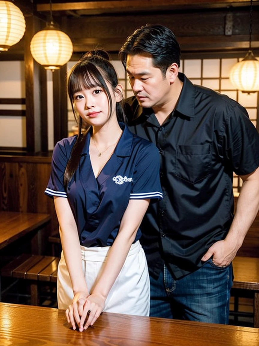 "Create an image depicting a scene from a movie where a (middle-aged man, cutter shirt) and his ((middle school daughter, underwear,sex addiction,fucking dependence love)) are ((enjoying public sex, risky fucking)) and ((make love)) in a cozy izakaya. The setting should reflect the warm, intimate atmosphere of a traditional Japanese pub, with the characters appearing casual and happy."((Teach your daughter about make love,make sex dependence))