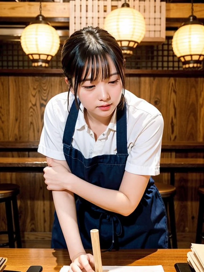 "Create an image depicting a scene from a movie where a middle-aged man and a cute cum dump girl student are working together in an izakaya. The setting should be a traditional Japanese izakaya with wooden tables, paper lanterns, and a bar counter. Both characters should be engaged in serving customers or preparing food, reflecting a collaborative and ((lewd busy atmosphere))."
