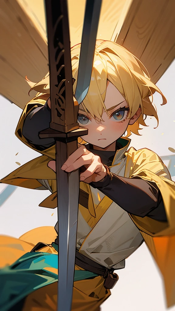 A -yeld teblond hair with a sword hitting a wooden doll in medieval clothes