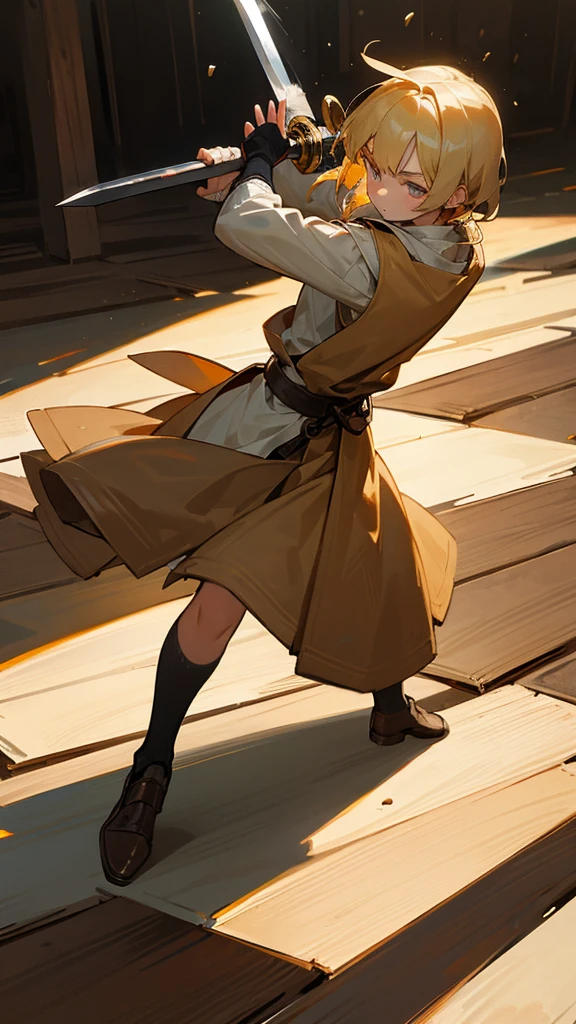 A 10-year-old teenager with blond hair with a sword hitting a wooden doll in medieval clothes