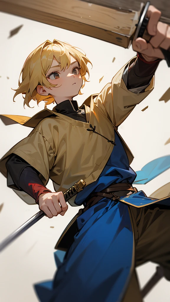 A 10-year-old teenager with blond hair with a sword hitting a wooden doll in medieval clothes