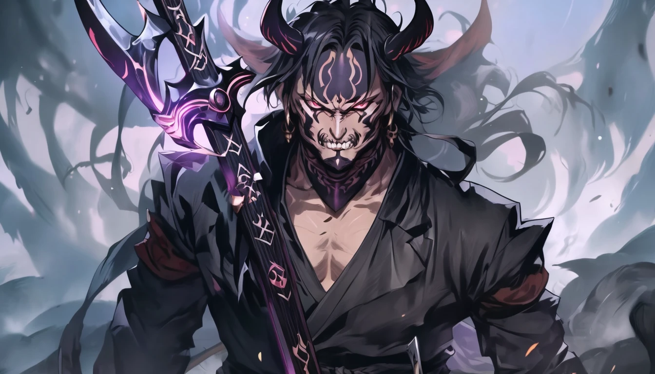 demon mask, sword on the hand,close up, black heavy detailed clothes, hand katana, art, dark and malevolent, hand sword, armor, powerful and intimidating, (masterpiece, best quality, ultra-detailed, best shadow), (detailed background, dark fantasy) dramatic light, intricate details, dark and malevolent, powerful and intimidating, Dark and foreboding, malevolent force, sinister and chilling, armor, high detailed background, girl in demon slayer art, demon slayer art style, epic anime art, God death