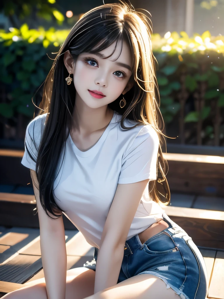 Highest quality、masterpiece、Ultra-high resolution、(Genuine: 1.4)、Original photo、8k Raw Photo:1.5、(Evening City)、Ultra high definition、1 Girl、Iris、Looking at the audience、smile、shiny long black hair、light makeup、lips、Lip gloss、Small ears、White soft skin texture、Collapsed,White T-shirt、Denim shorts、Earrings、sit、Beautiful breasts,slim,、garden、Soft Landing、Lens flare、