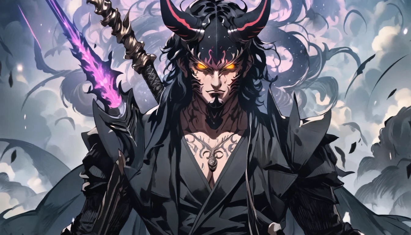 demon mask, sword on the hand,close up, black heavy detailed clothes, hand katana, art, dark and malevolent, hand sword, armor, powerful and intimidating, (masterpiece, best quality, ultra-detailed, best shadow), (detailed background, dark fantasy) dramatic light, intricate details, dark and malevolent, powerful and intimidating, Dark and foreboding, malevolent force, sinister and chilling, armor, high detailed background, girl in demon slayer art, demon slayer art style, epic anime art, God death