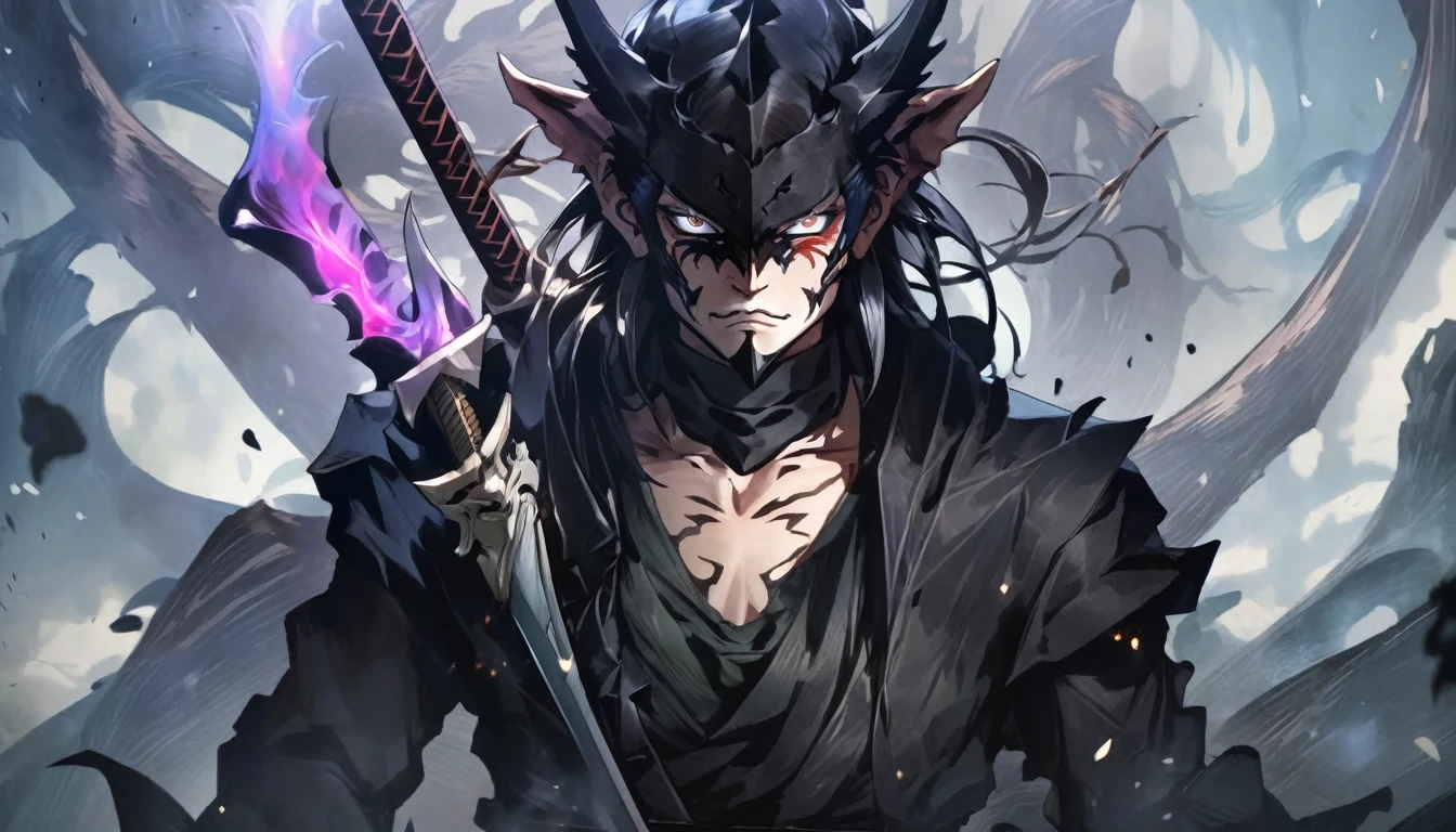 demon mask, sword on the hand,close up, black heavy detailed clothes, hand katana, art, dark and malevolent, hand sword, armor, powerful and intimidating, (masterpiece, best quality, ultra-detailed, best shadow), (detailed background, dark fantasy) dramatic light, intricate details, dark and malevolent, powerful and intimidating, Dark and foreboding, malevolent force, sinister and chilling, armor, high detailed background, girl in demon slayer art, demon slayer art style, epic anime art, God death