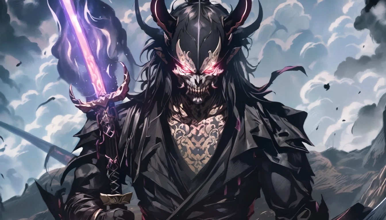 demon mask, sword on the hand,close up, black heavy detailed clothes, hand katana, art, dark and malevolent, hand sword, armor, powerful and intimidating, (masterpiece, best quality, ultra-detailed, best shadow), (detailed background, dark fantasy) dramatic light, intricate details, dark and malevolent, powerful and intimidating, Dark and foreboding, malevolent force, sinister and chilling, armor, high detailed background, girl in demon slayer art, demon slayer art style, epic anime art, God death