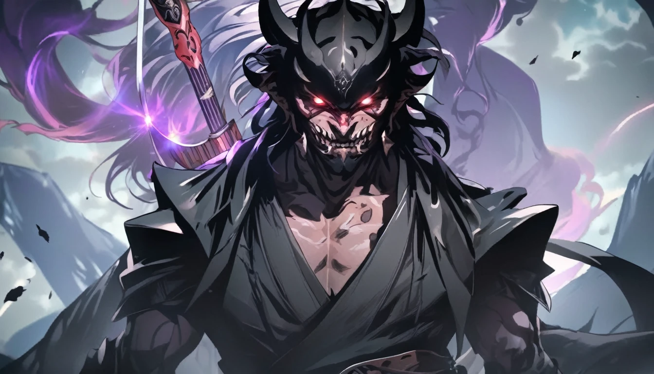 demon mask, sword on the hand,close up, black heavy detailed clothes, hand katana, art, dark and malevolent, hand sword, armor, powerful and intimidating, (masterpiece, best quality, ultra-detailed, best shadow), (detailed background, dark fantasy) dramatic light, intricate details, dark and malevolent, powerful and intimidating, Dark and foreboding, malevolent force, sinister and chilling, armor, high detailed background, girl in demon slayer art, demon slayer art style, epic anime art, God death