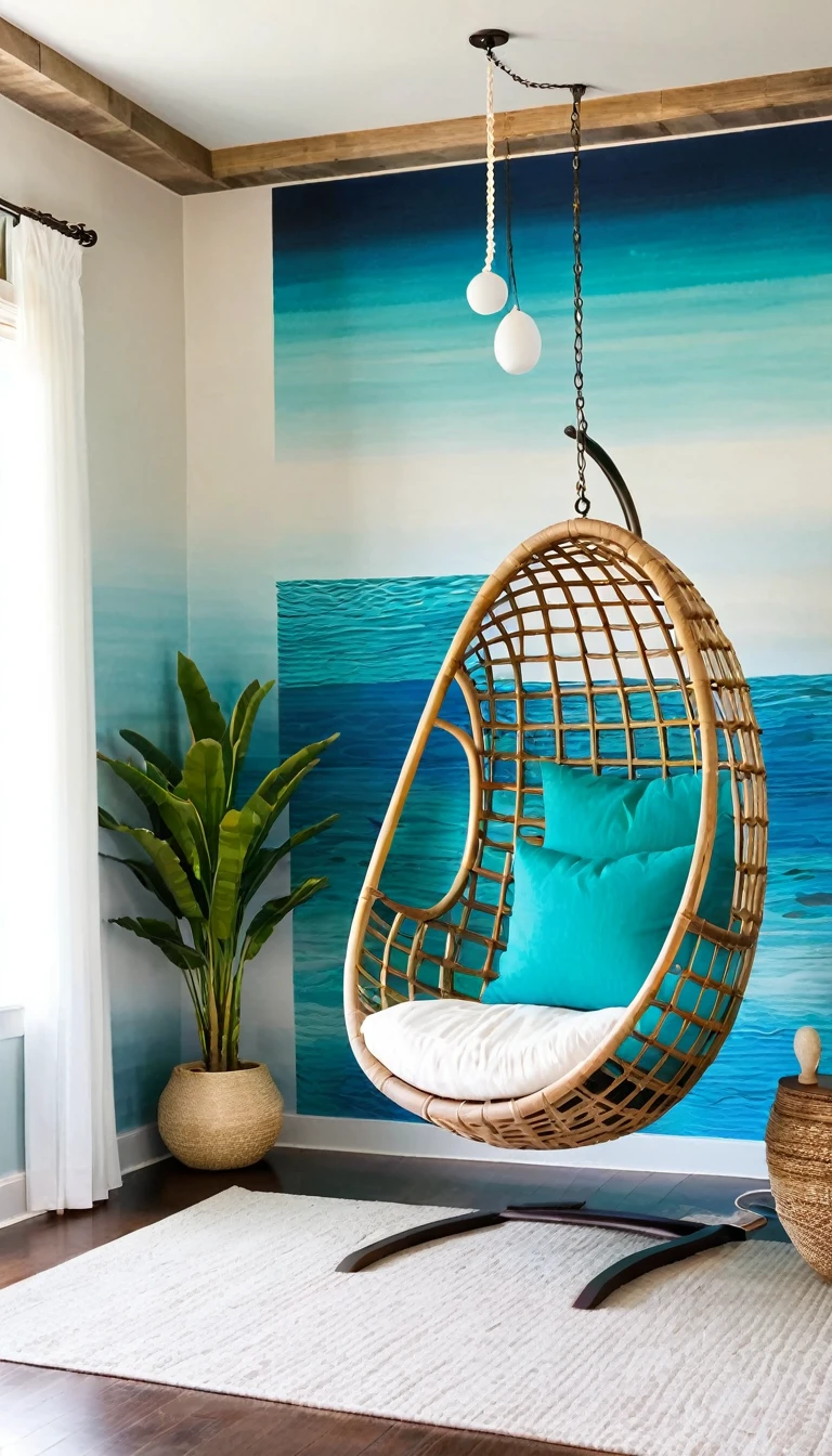 Coastal zen bedroom with a suspended rattan egg chair, ombré ocean-inspired wall mural, driftwood headboard, and bioluminescent sand art nightstand