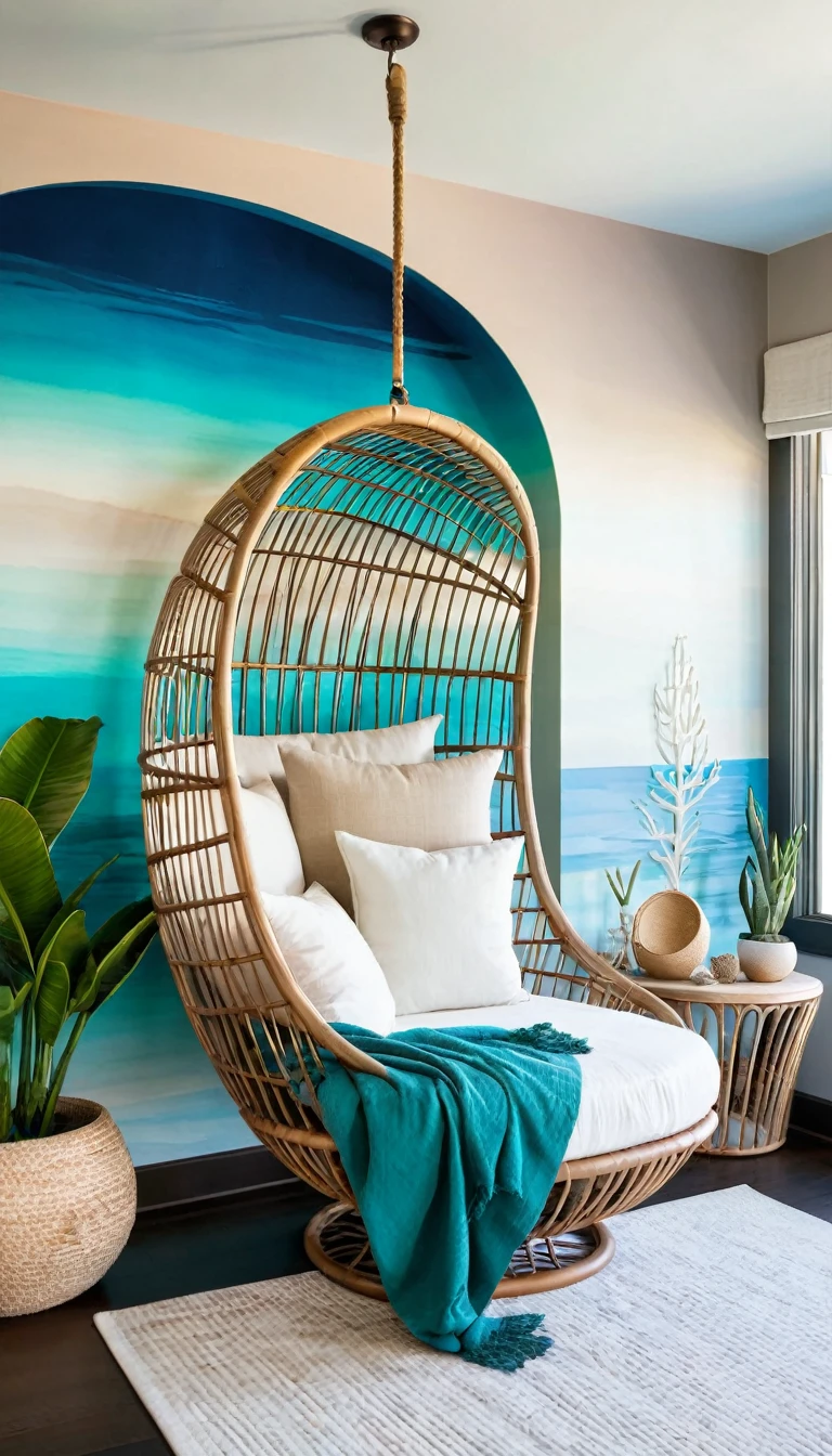 Coastal zen bedroom with a suspended rattan egg chair, ombré ocean-inspired wall mural, driftwood headboard, and bioluminescent sand art nightstand