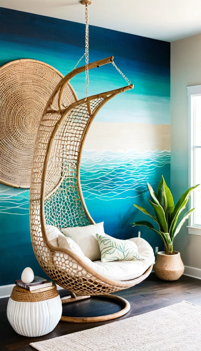 Coastal zen bedroom with a suspended rattan egg chair, ombré ocean-inspired wall mural, driftwood headboard, and bioluminescent sand art nightstand