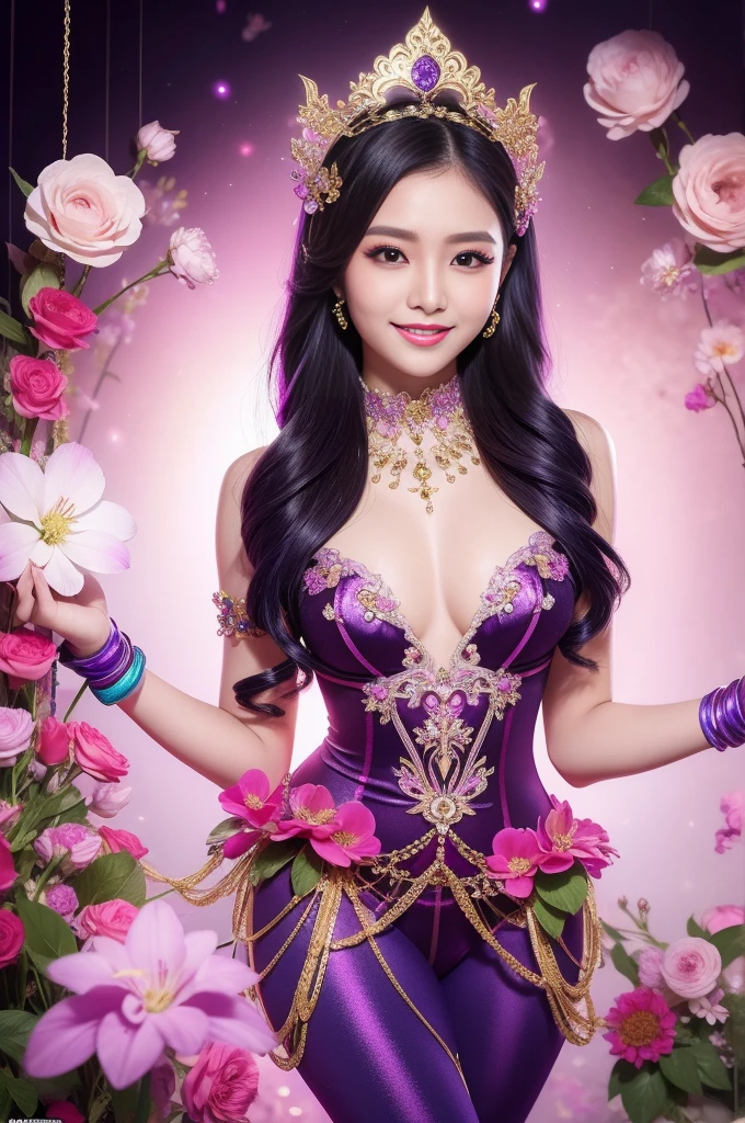 Sexy Thai model who controls poison、beautiful smile、lipgloss、long lashes、intense makeup、look at the camera、full body Esbian、、sparkling poisoned flower costume、、、、sparkling Colorful hair、secrete poison、skull hair accessories schnet tights、shiny sparkling flowers background
