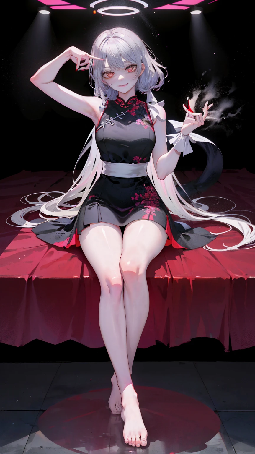 Super Resolution,geometric abstraction,Oblique perspective,Overlooking,sit sideways,Look down at the camera,Back,One leg rests on the table,
(Realistically:1.3),Double tail,
(1 Slim girl), Fashion女孩, Fashion,underwear,
Young face, Red eye makeup,Blushed, (Energetic smile),Split legs,do the splits,
(Slim) thigh,Tired Dancer,
,Fashion show,cheongsam,stage,audience,Full body image,barefoot,Emo girl, Kawaii, Silver Hair,