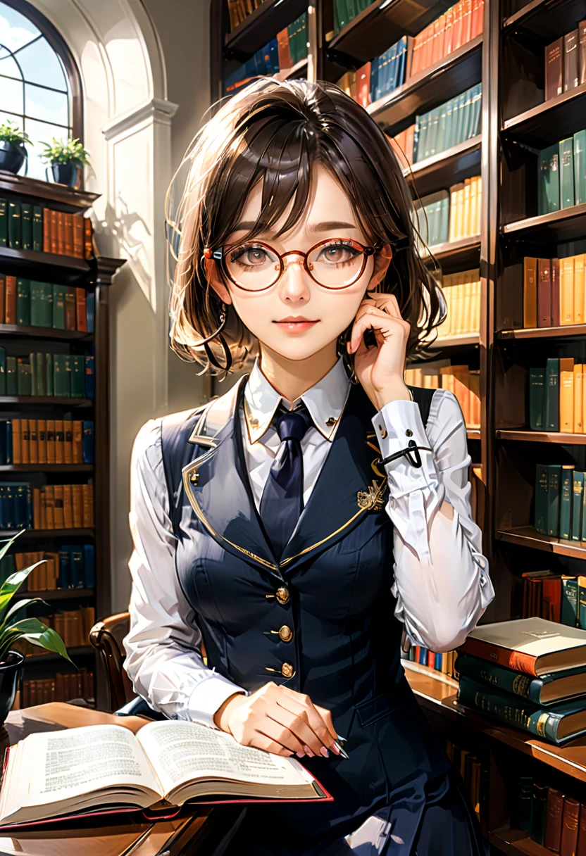 (Wearing Glasses), librarian wearing formal uniform, sitting in front of bookshelves in quiet library, pushing circular glasses on nose bridge, holding a book in hand, with neatly arranged books in background, full body, (Photography), panoramic view, award-winning, cinematic still, emotional, vignette, dynamic, vivid, (masterpiece, best quality, Professional, perfect composition, very aesthetic, absurdres, ultra-detailed, intricate details:1.3)