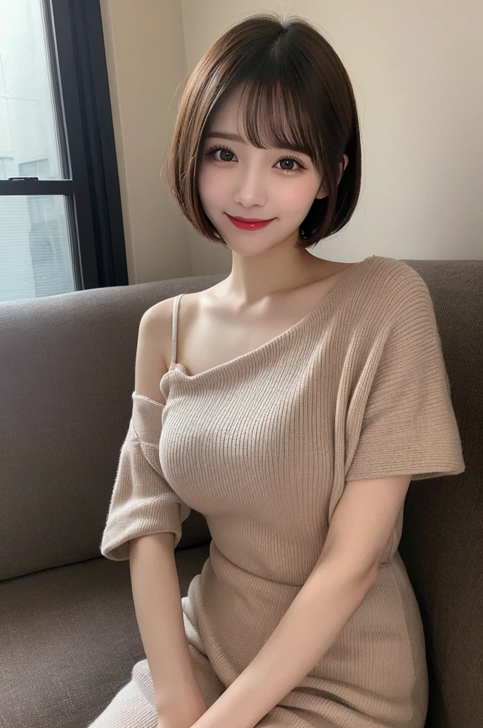 Tabletop, Highest quality, Super detailed, In detail, High resolution, 8k wallpaper, Perfect dynamic composition, Beautiful attention to detail,Short Bob Hair,Small breasts 、A noble brand of clean, oversized clothing、Natural color lip, Bold sexy pose,smile,20-year-old girl、cute、sexy shot looking at camera、High angle shot、tongue、teeth、Curvy but slim、Apple Watch、bracelet、Wink、cheek、Natural Makeup、Paris Fashion Week、actor、Looking up、Thin eyebrows、hair accessory、Shimokitazawa、plant、Use something sexy、Show your side