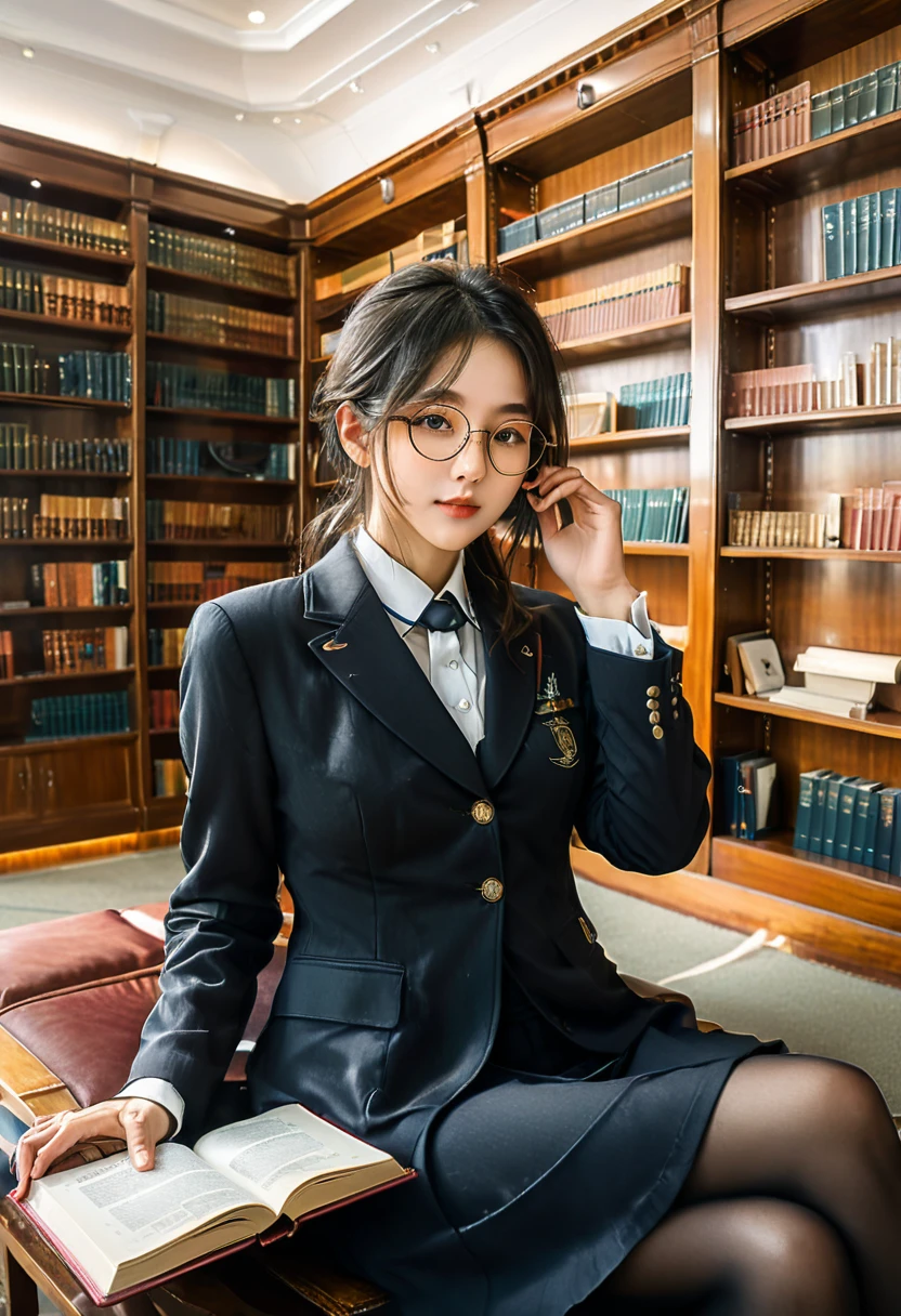 (Wearing Glasses), librarian wearing formal uniform, sitting in front of bookshelves in quiet library, pushing circular glasses on nose bridge, holding a book in hand, with neatly arranged books in background, full body, (Photography), panoramic view, award-winning, cinematic still, emotional, vignette, dynamic, vivid, (masterpiece, best quality, Professional, perfect composition, very aesthetic, absurdres, ultra-detailed, intricate details:1.3)