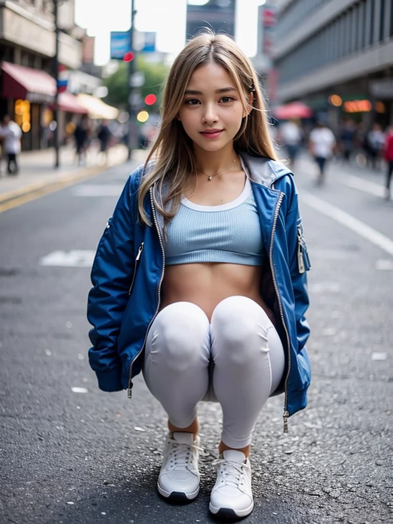 15 years old、1 Girl, solo, Sports Bra、(((Pedestrian precinct)))、Flight jacket、Squat、White leggings pants、Place your arms behind your back、Beautiful knees、smile、