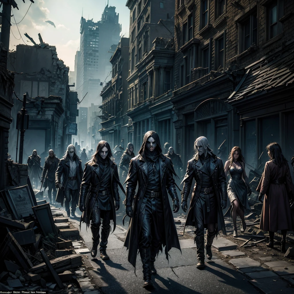 A group of undead men and women wander through the street of a ruined city, on the sides of the street you can see some broken tombstones, on some windows of the buildings you can see mysterious illuminated eyes