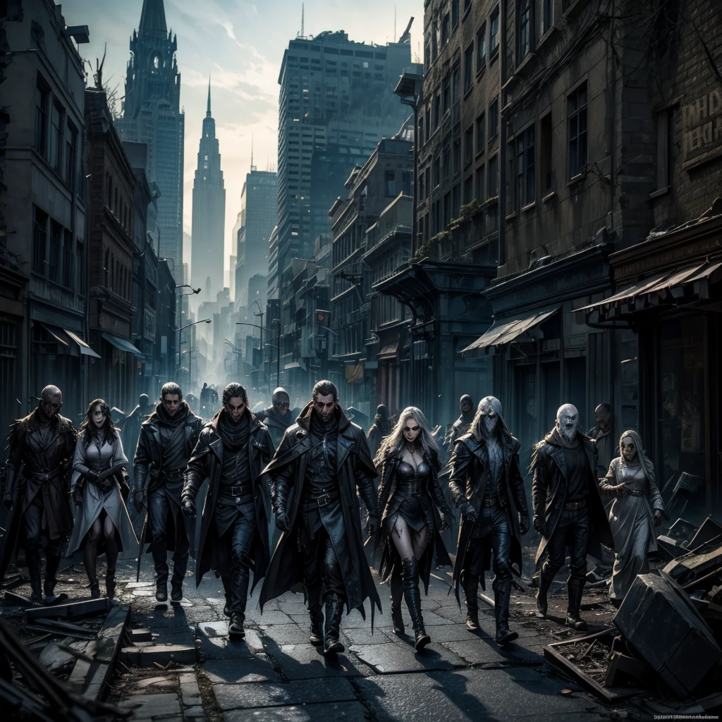 A group of undead men and women wander through the street of a ruined city, on the sides of the street you can see some broken tombstones, on some windows of the buildings you can see mysterious illuminated eyes