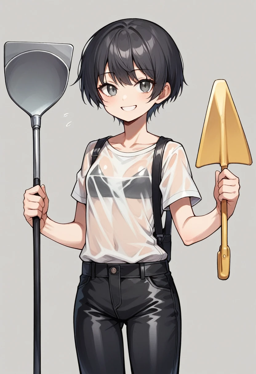 Dark green iron helmet、Firing a Colt Government、She lifts her skirt with both hands to show off her cute white underwear.、Black garter belt、Black Rough Fishnet Stockings、Plain white shirt with erect nipples、Standing posture