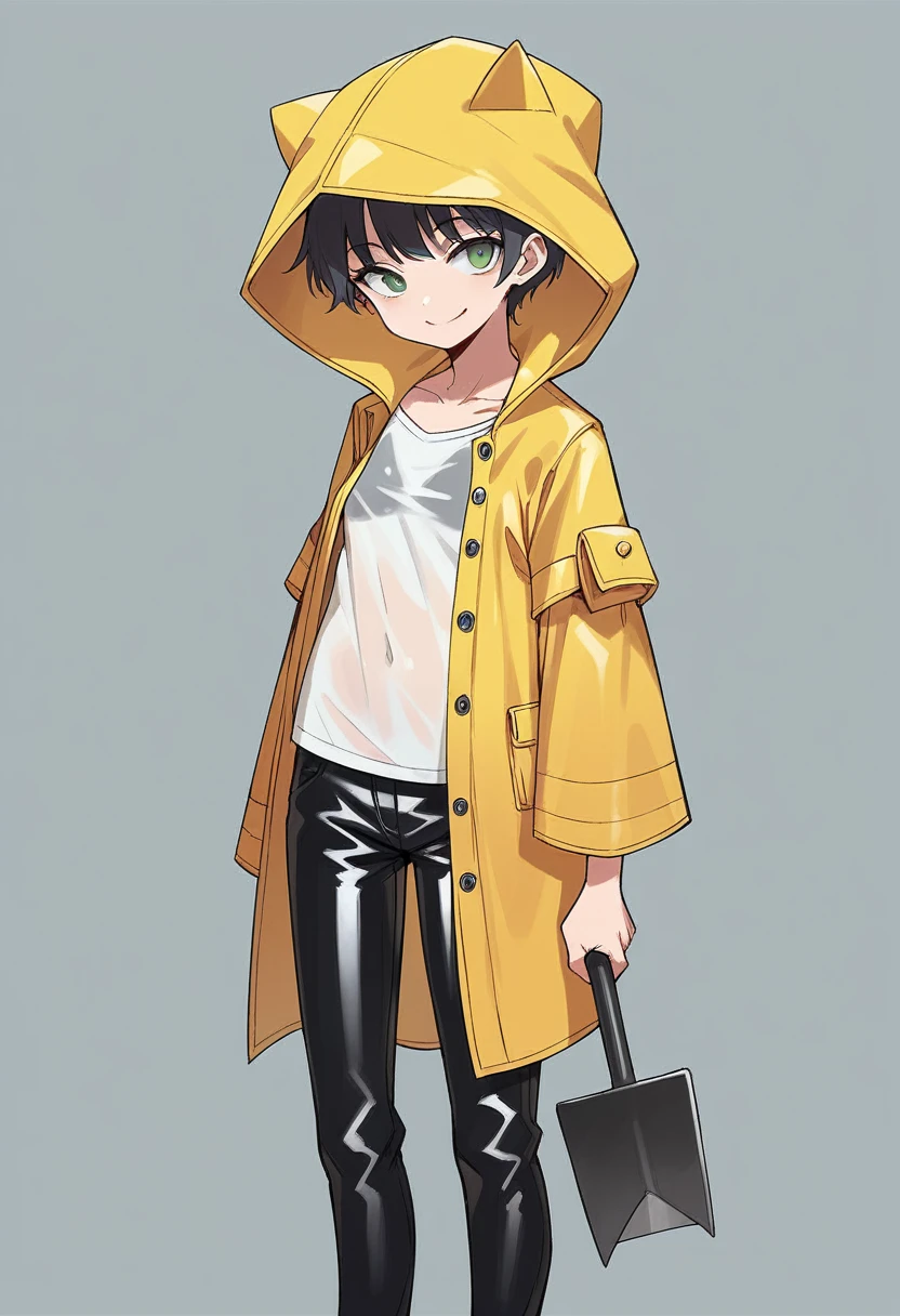 ((very tall girl)), 1 girl, full height, black very short hair, small breasts, in a long ((((black)))) leather raincoat, raincoat unbuttoned, small breasts, gray eyes, smiling, T-shirt and pants under the raincoat, holding a long shovel in her hands, 1 girl in the frame