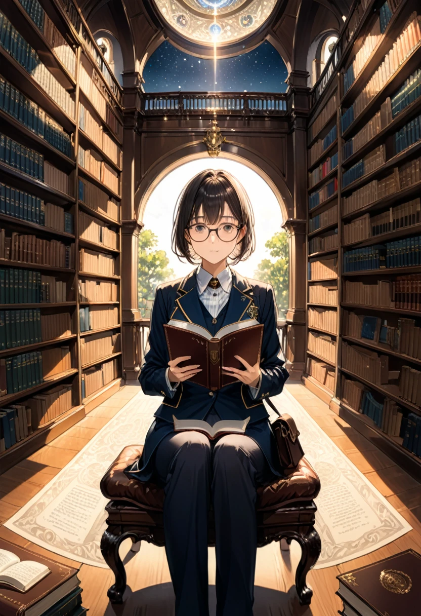 (Wearing Glasses), librarian wearing formal uniform, sitting in front of bookshelves in quiet library, pushing circular glasses on nose bridge, holding a book in hand, with neatly arranged books in background, full body, (Photography), panoramic view, award-winning, cinematic still, emotional, vignette, dynamic, vivid, (masterpiece, best quality, Professional, perfect composition, very aesthetic, absurdres, ultra-detailed, intricate details:1.3)