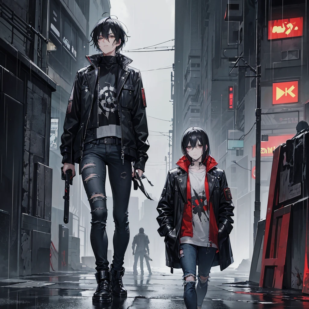 A man with black hair and black eyes covered in blood in the cyberpunk universe is wearing a jacket, distressed gray jeans, there is a sword in his hand, against the backdrop of a night cyberpunk city and very heavy rain.