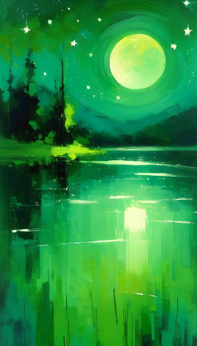 a lake, magic, fantastic, night sky, moon, stars, background, green tone (simple oil painting in a style to Bill Sienkiewicz)
