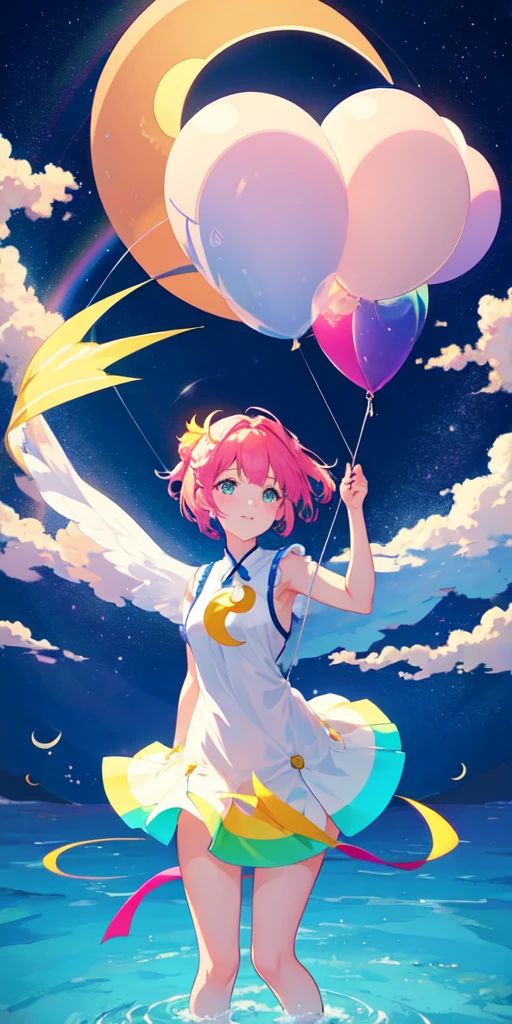 A girl flying in the sky on a big crescent moon。
The overall image is rainbow-colored。