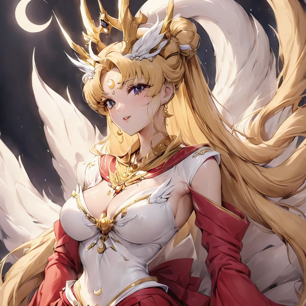 ((Highest quality)), ((masterpiece)), (detailed), （Perfect Face）、The woman has a black inverted crescent moon mark on her forehead, is wearing a gorgeous and glittering red Hanfu, and is an empress wearing a phoenix crown with gorgeous jeweled accessories.、The woman is Black Serenity, the elegant Empress of the Black Moon of the Black Moon Clan, and has blonde hair.２The woman with long hair tied up is Princess Serenity