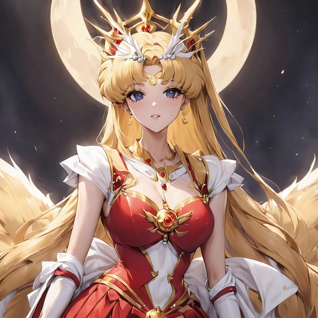 ((Highest quality)), ((masterpiece)), (detailed), (Perfect Face)、The woman has a black inverted crescent moon mark on her forehead, is wearing a gorgeous and glittering red Hanfu, and is an empress wearing a phoenix crown with gorgeous jeweled accessories.、The woman is Black Serenity, the elegant Empress of the Black Moon of the Black Moon Clan, and has blonde hair.2The woman with long hair tied up is Princess Serenity
