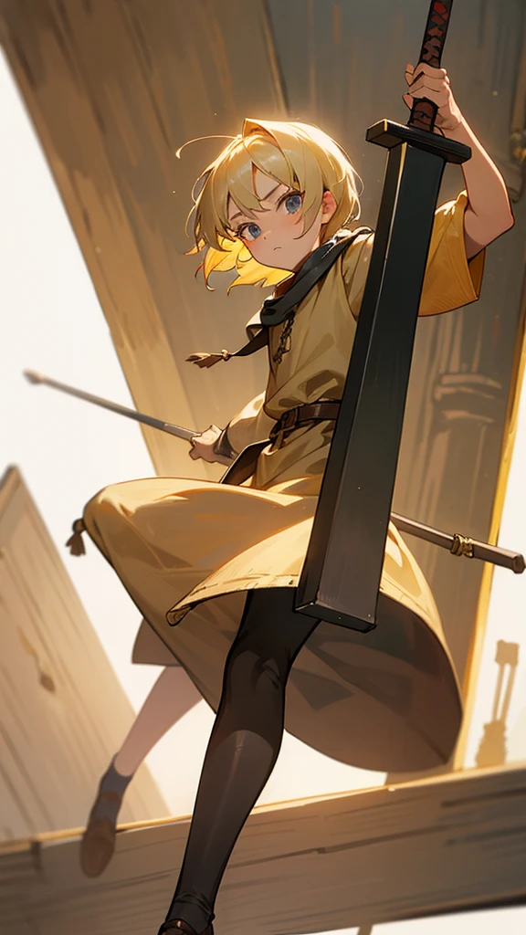 A -yeld teblond hair swinging a wooden sword in medieval clothes