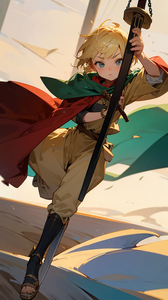 A 10-year-old teenager with blond hair swinging a wooden sword in medieval clothes