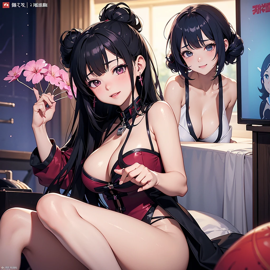 １Characters only。Anime key visual。cyber punk。Chest close-up。 Menhera short updo big breasted prostitute high school girl in evening dress。 Sexy pose、Tilt your face、slouch、blush、Watery eye、smile。
