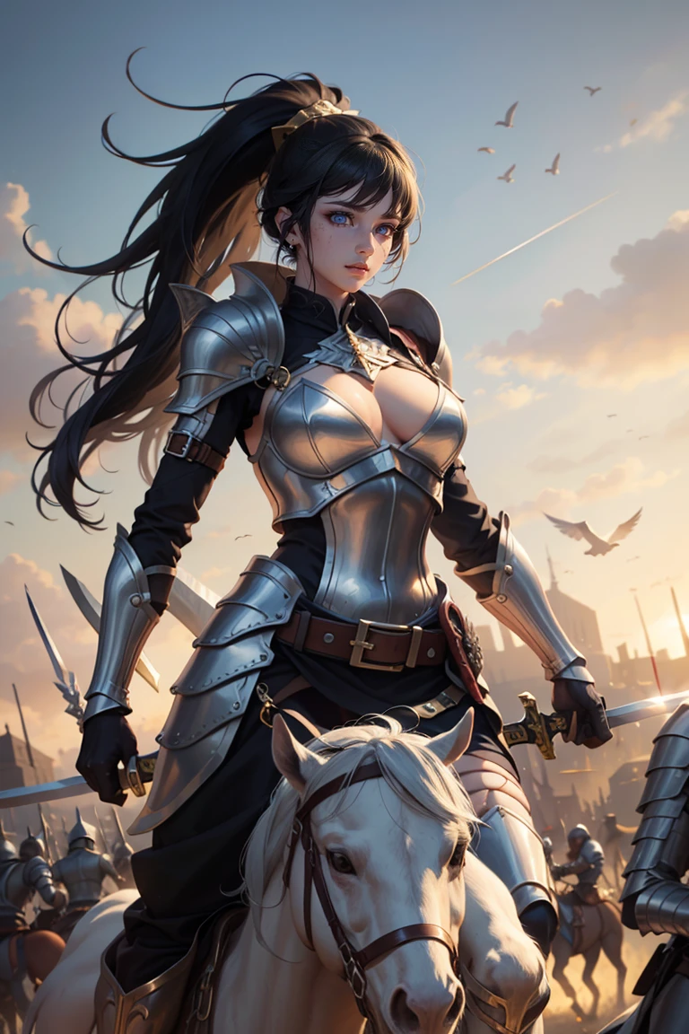 warrior woman on a horse and sword, battlefield war, battle pose, sexy armor