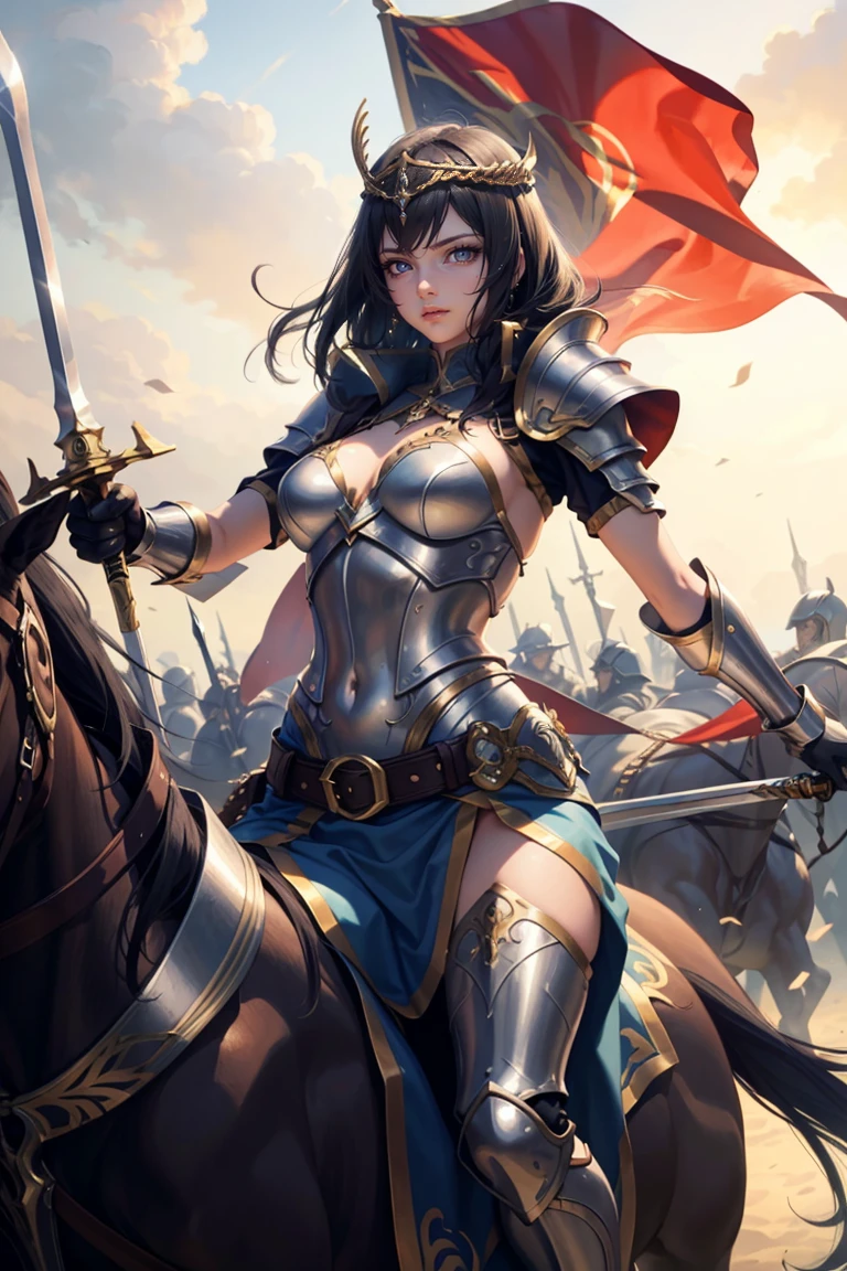 warrior woman on a horse and sword, battlefield war, battle pose, sexy armor