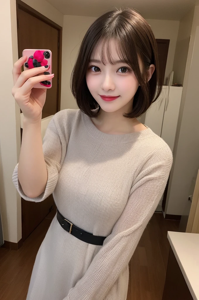Selfie、Standing、 Wear warm clothes、indoor、Very short hair、Berry Shortcut、Highest quality, figure, Super detailed, In detail, High resolution, 8k wallpaper, Perfect dynamic composition, Beautiful attention to detail, dress,Medium Hair, Small breasts、Natural color lip, Random sexy poses,smile,24-years-old