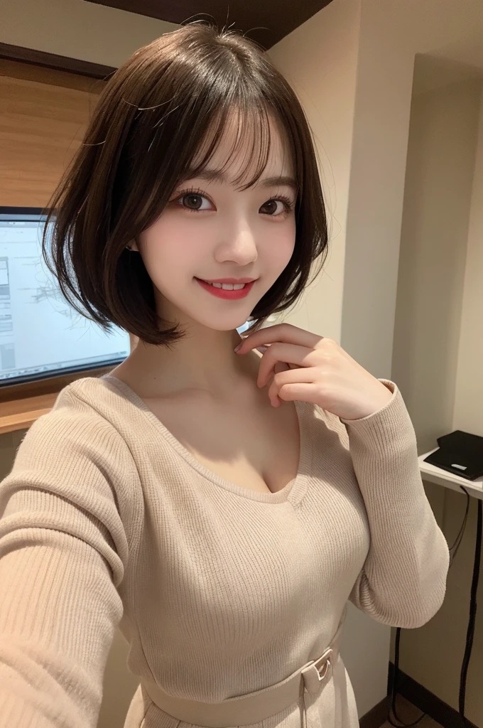 Selfie、Standing、 Wear warm clothes、indoor、Very short hair、Berry Shortcut、Highest quality, figure, Super detailed, In detail, High resolution, 8k wallpaper, Perfect dynamic composition, Beautiful attention to detail, dress,Medium Hair, Small breasts、Natural color lip, Random sexy poses,smile,24-years-old