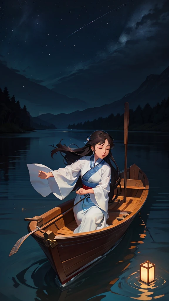 Under the silver moonlight, a young Chinese woman glides gently on her small boat down the peaceful river. Your delicate face is illuminated by the moonlight, reflected in the surface of the water surrounding your boat. She glides gracefully, long dark hair flowing delicately in the night wind. Her Chinese silk robes flow elegantly as she sails, absorbing the serenity of the moment. The river is like a mirror that duplicates the beauty of the night sky above, creating an idyllic and ethereal image. Right now, the young woman seems to be in harmony with the nature that surrounds her, your journey on the river lit only by moonlight.