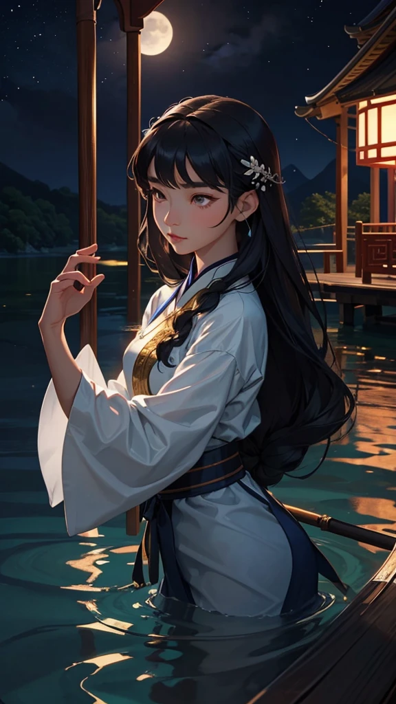 Under the silver moonlight, a young Chinese woman glides gently on her small boat down the peaceful river. Your delicate face is illuminated by the moonlight, reflected in the surface of the water surrounding your boat. She glides gracefully, long dark hair flowing delicately in the night wind. Her Chinese silk robes flow elegantly as she sails, absorbing the serenity of the moment. The river is like a mirror that duplicates the beauty of the night sky above, creating an idyllic and ethereal image. Right now, the young woman seems to be in harmony with the nature that surrounds her, your journey on the river lit only by moonlight.