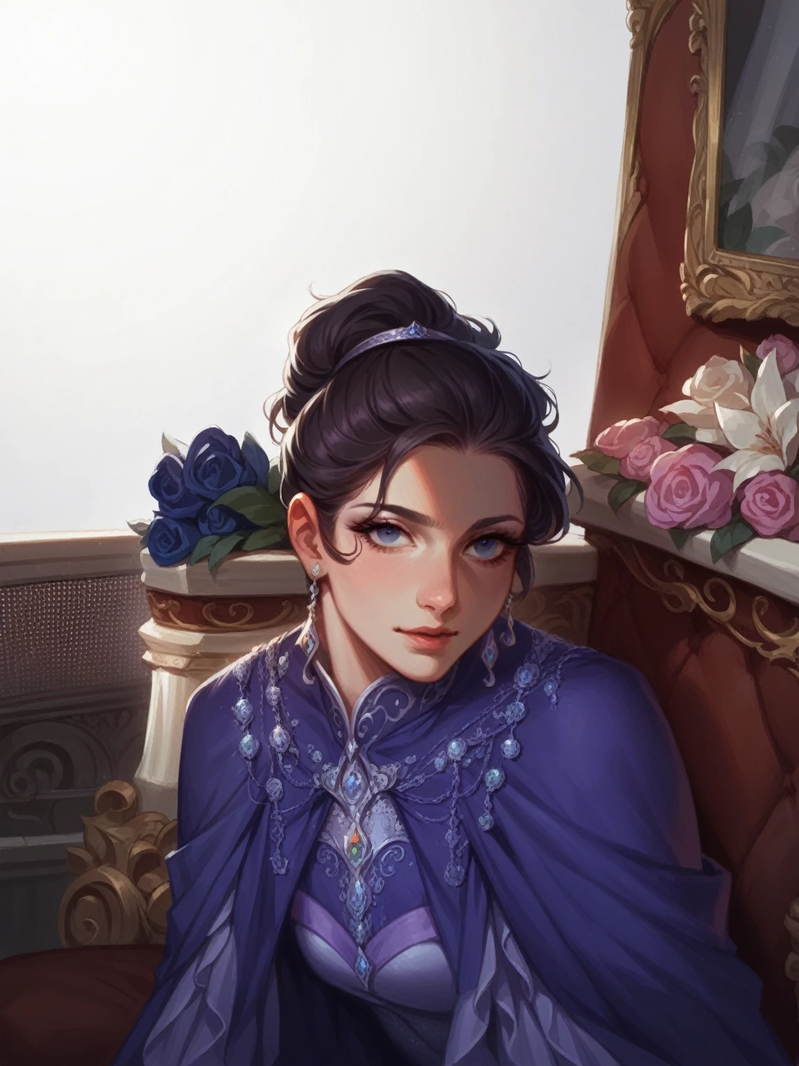 "Create a fantasy illustration of a girl dressed as a princess. She is wearing a flowing gown with intricate patterns, and elegant jewelry. The background is a grand palace with shimmering lights, and she is posing gracefully, capturing a regal and enchanting atmosphere."