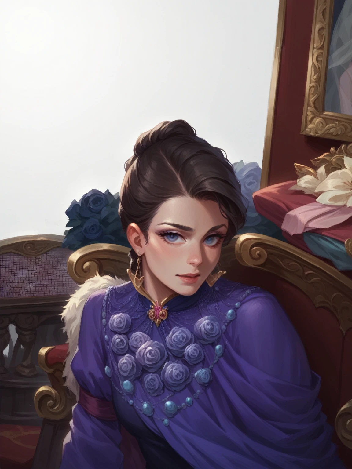 "Create a fantasy illustration of a girl dressed as a princess. She is wearing a flowing gown with intricate patterns, and elegant jewelry. The background is a grand palace with shimmering lights, and she is posing gracefully, capturing a regal and enchanting atmosphere."