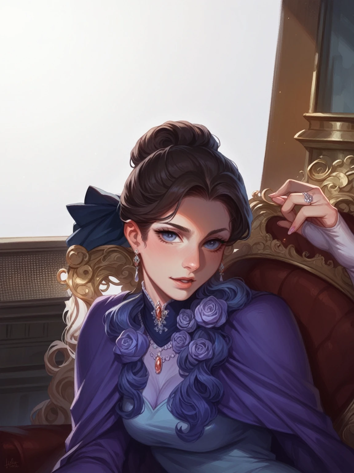 "Create a fantasy illustration of a girl dressed as a princess. She is wearing a flowing gown with intricate patterns, and elegant jewelry. The background is a grand palace with shimmering lights, and she is posing gracefully, capturing a regal and enchanting atmosphere."