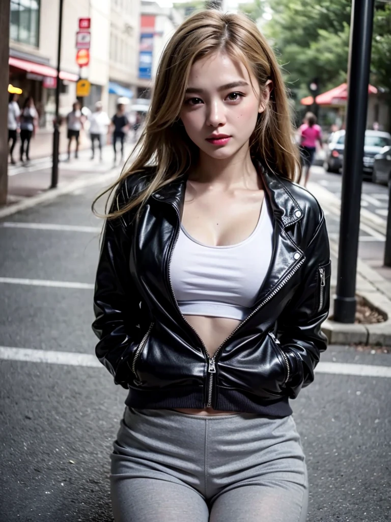 (((Open Stance)))、、1 Girl, solo, Sports Bra、(((Pedestrian precinct)))、Flight jacket、Squat、White leggings pants、Place your arms behind your back、Beautiful knees、smile、