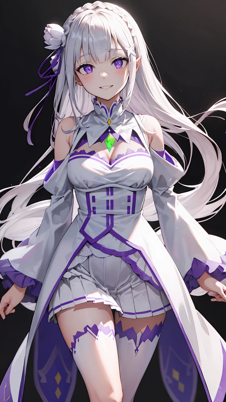 Lezero Emilia, emilia, braid, Crown braid, flower, Hair Flower, hair ornament, Hair Ribbon, Long hair, pointy ear, (Purple eyes:1.2), White hair, x hair ornament,
Break Detach Color, Detached sleeves, frilly sleeves, frilld, Long sleeves, Miniskirt, Pleated skirt, bow ribbon, Skirt, thighs thighs thighs thighs, White skirt, White sleeves, white thighhig, Wide sleeves, zettai ryouiki,
BREAK (masutepiece:1.2), Best Quality, High resolution, Unity 8k Wallpaper, (Illustration:0.8), (Beautiful detailed eyes:1.6), extra detailed face, Perfect Lighting, extremely details CG, (Perfect hands, Perfect Anatomy),is standing、Evil Fall, 1girl in, solo, pubic tattoo,Lipakeup、lip stick、eye line / Mascara Eyeshadow Evil Fall、Bad Woman、bad looking、Empty eyes、Psychopaths、Eyes pink、Grinning、Smile, lightsmile,Knives、low angles、leggy、Long leguchimuchi、Transparent pupils、, ((Positive pregnancy test))fullbody image、high-heels、High heels、Absolute area、 (Cowboy Shot:1.4)、