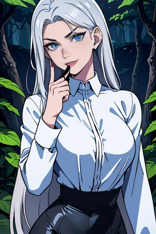 Masterpiece, high quality full length portrait of 1 woman (maduro)) YOUNG), holding a dagger knife, exhausting ((long sleeve white shirt.)), (shiny black leggings) rouge, thief, beautiful thin face, detailed face, long hair, (silver gray hair), BIG BREASTS, pale and light skin, detailed eyes, ((blue eyes)), smug happy expression, set in a dark forest environment background