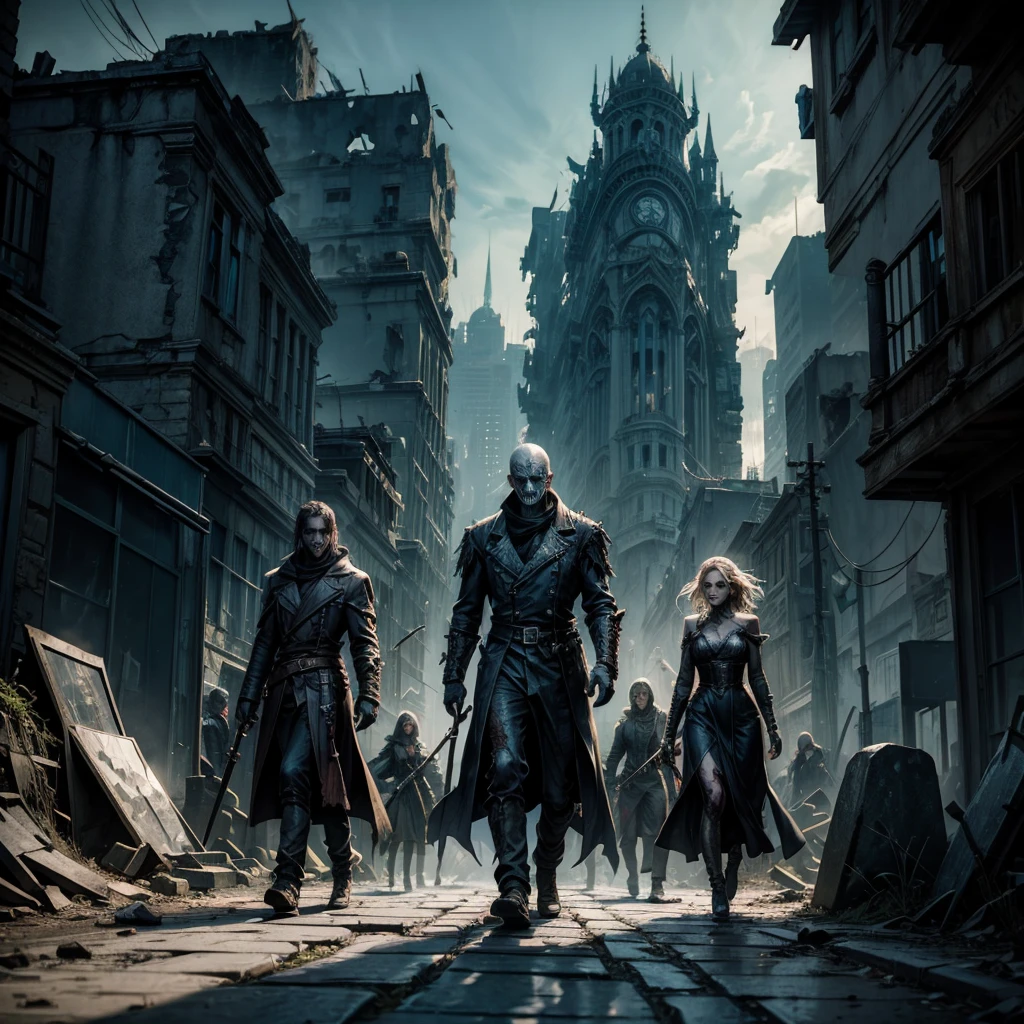 A group of undead men and women wander through the street of a ruined city, near the obcietive,on the sides of the street you can see some broken tombstones, on some windows of the buildings you can see mysterious illuminated eyes