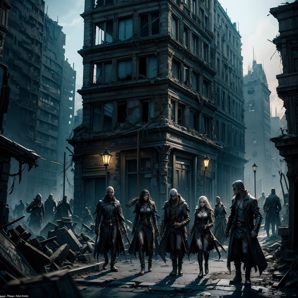 A group of undead men and women wander through the street of a ruined city, near the obcietive,on the sides of the street you can see some broken tombstones, on some windows of the buildings you can see mysterious illuminated eyes