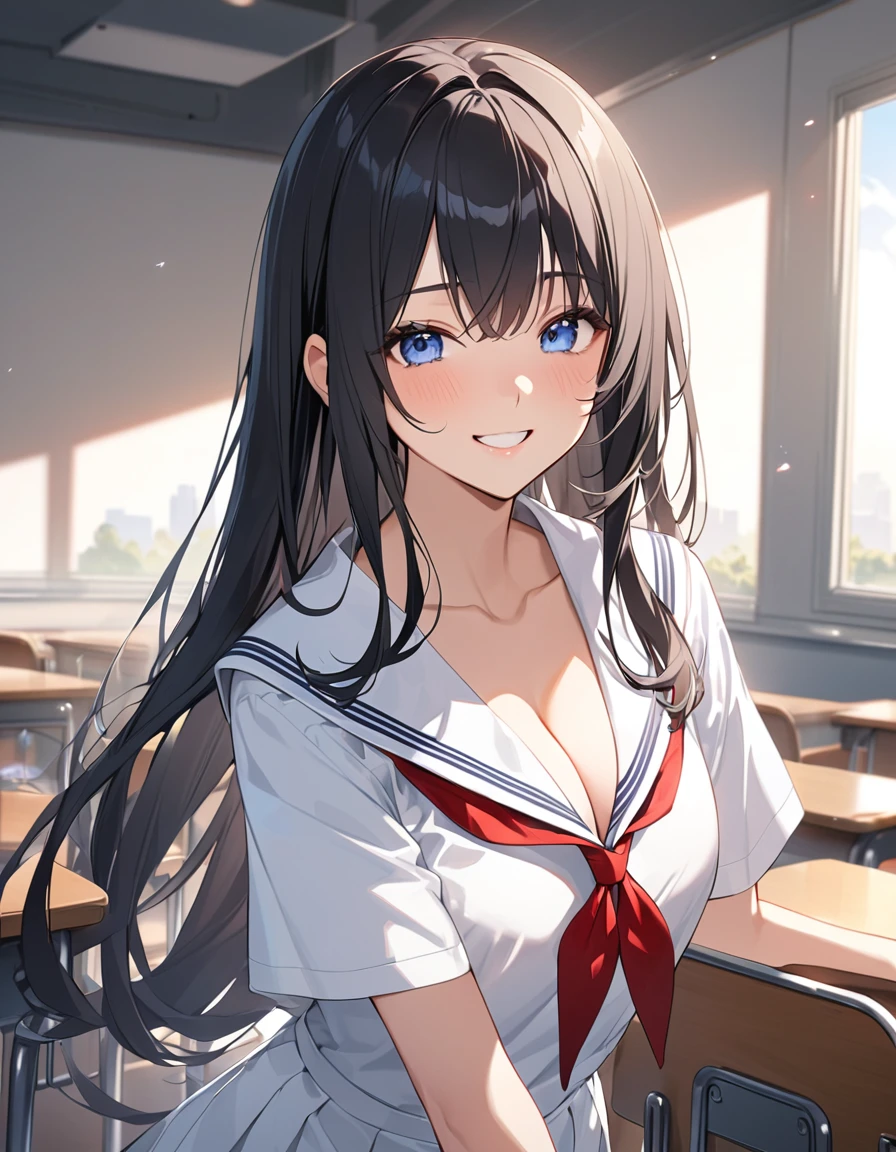 (Highest qualityのイラスト:1.2),  (1 girl、18-year-old), (Kind eyes、blue eyes:1.2)、Black Hair、Semi-long hair、bangs、(Highest quality、Very detailed、cute、Ultra-high resolution) 、High School Uniform｛White Sailor Suit、Black collar、Red neckerchief、Short sleeve、Cleavage)、School classroom、Slightly larger breasts、smile