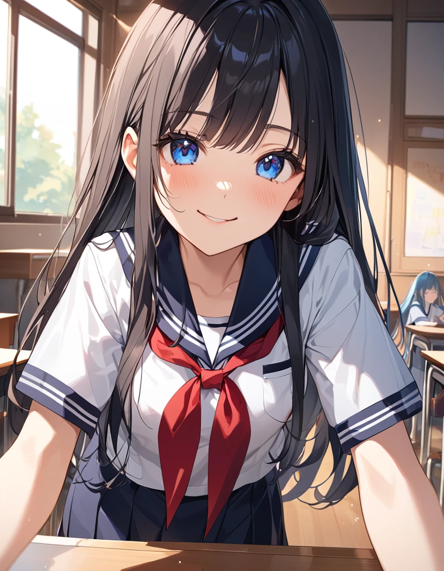 (Highest qualityのイラスト:1.2),  (1 girl、18-year-old), (Kind eyes、blue eyes:1.2)、Black Hair、Semi-long hair、bangs、(Highest quality、Very detailed、cute、Ultra-high resolution) 、High School Uniform｛White Sailor Suit、Black collar、Red neckerchief、Short sleeve、Cleavage)、School classroom、Slightly larger breasts、smile